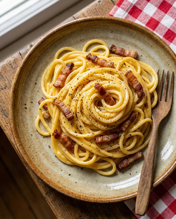 Farfurie cu paste carbonara autentice italiene servite cu guanciale, pecorino și piper negru