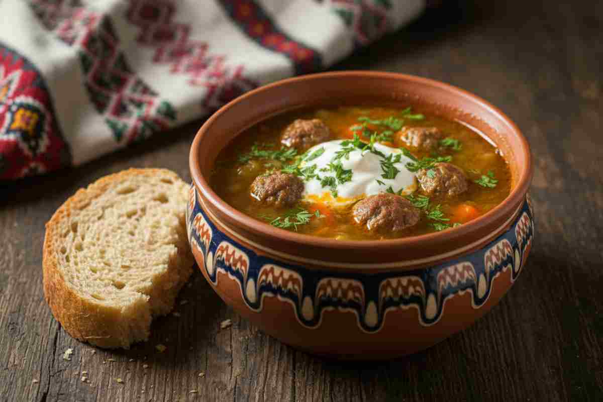 Ciorbă de perișoare servită cu smântână și verdeață în farfurie tradițională