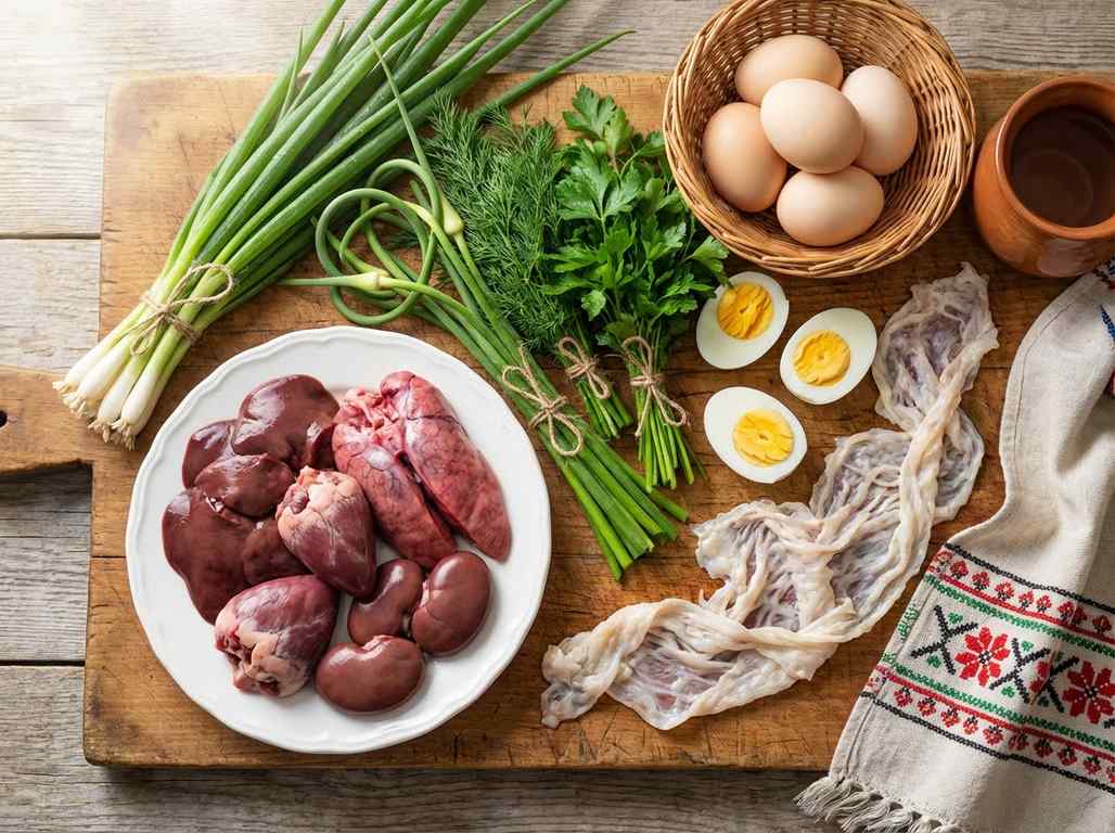 Ingrediente proaspete pentru drob de miel aranjate pe masa de lucru
