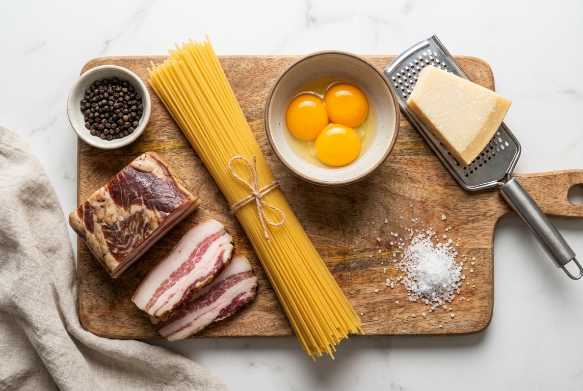 Ingrediente pentru paste carbonara: guanciale, ouă, pecorino romano, piper negru și spaghete