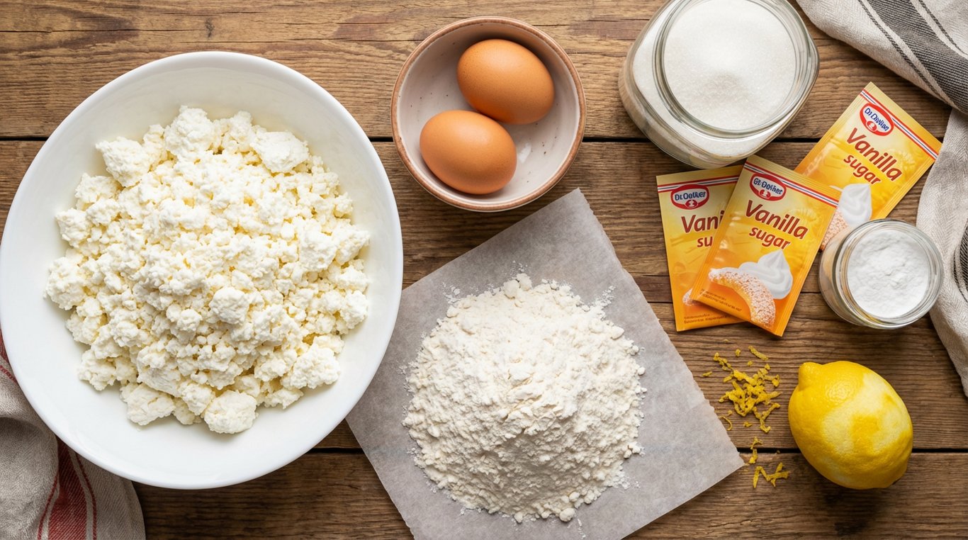 Ingrediente pentru papanasi aranjate pe masa: branza de vaci, oua, faina, zahar