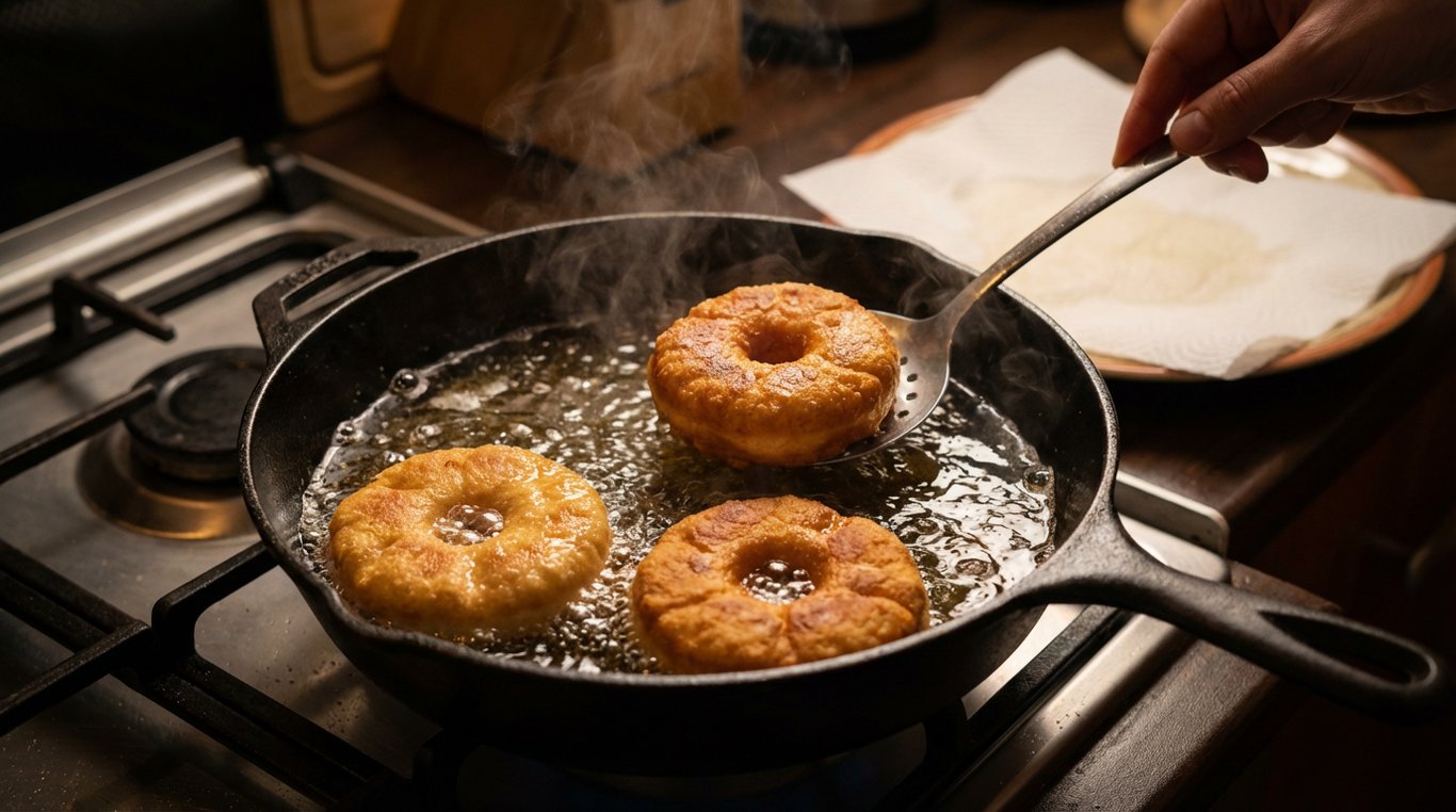 Papanasi prajindu-se in ulei fierbinte intr-o tigaie, capata culoare aurie