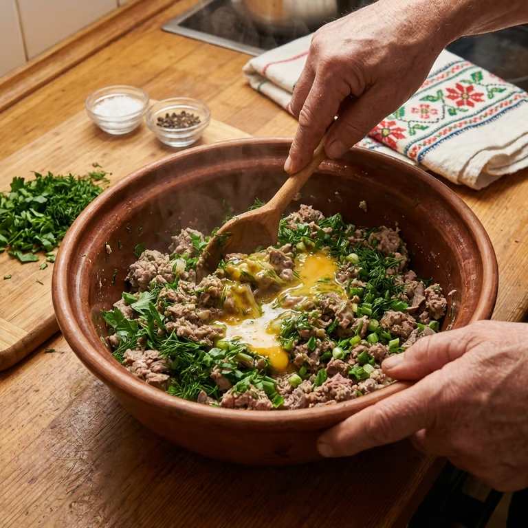 Proces de preparare drob - amestecarea compozitiei cu organe tocate si verdeturi