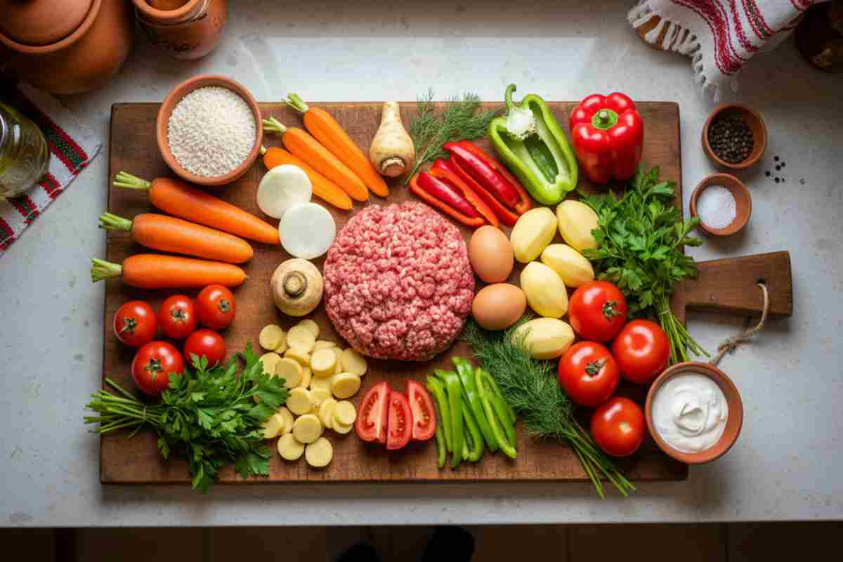 Ingrediente proaspete pentru ciorbă de perișoare aranjate pe masă