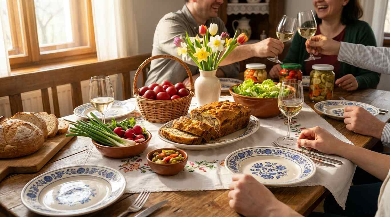 Masa festiva de Paste cu drob de miel, oua rosii si garnituri traditionale