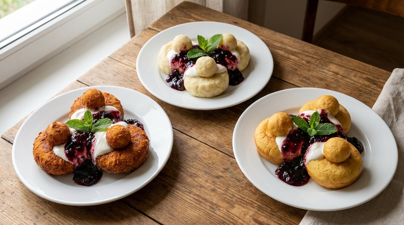 Variante diferite de papanasi: prajiti, fierti si la cuptor, aranjati pe farfurii