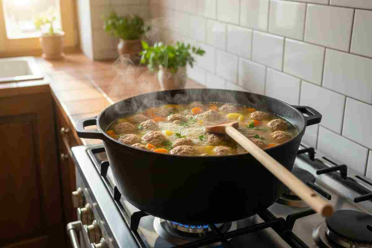 Perișoare fierbând în supă într-o oală mare pe aragaz