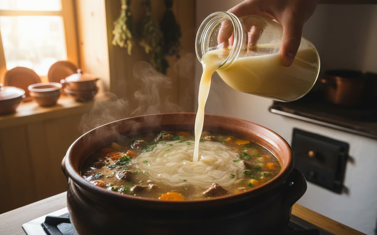 Bors traditional romanesc turnat in ciorba de vacuta fierbinte