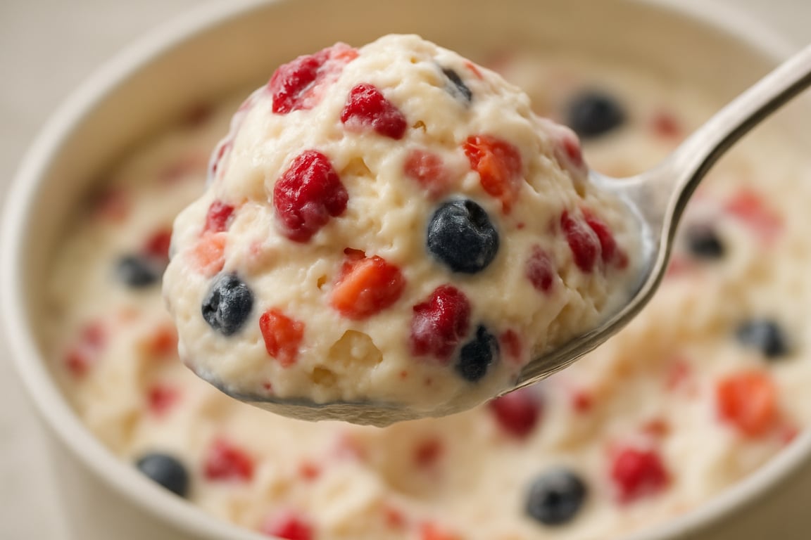 A close-up, photorealistic shot capturing a spoonful of homemade ice cream with visible fresh fruit pieces, showcasing its creamy texture and vibrant colors, soft natural lighting highlighting the details, shallow depth of field emphasizing the texture and freshness, composition focusing on the visual appeal and quality of ingredients.