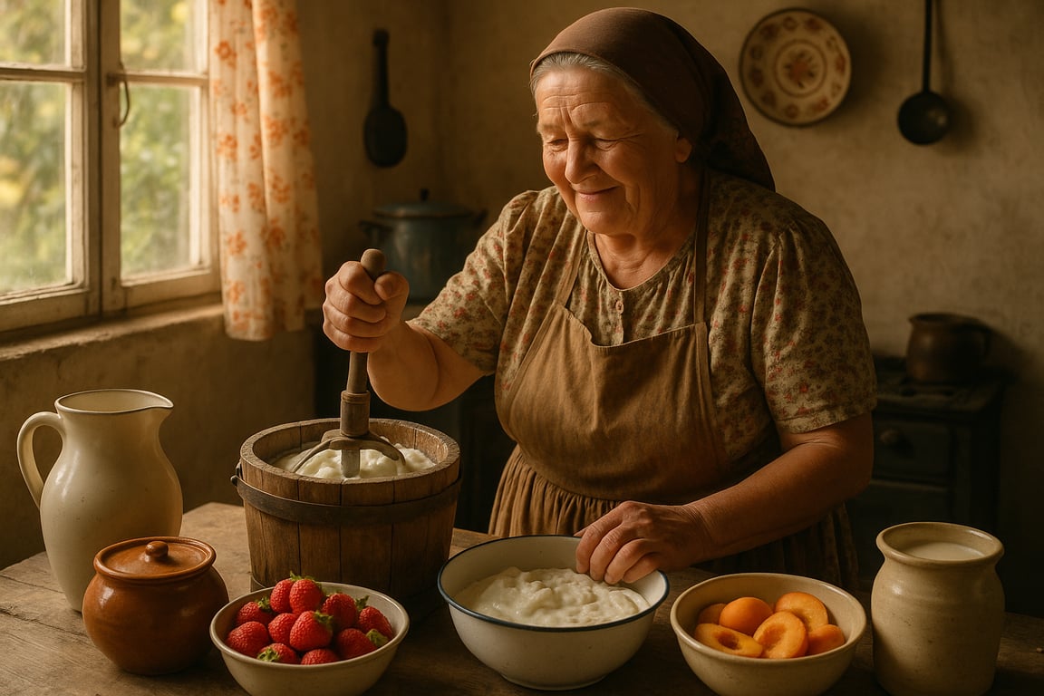 A photorealistic shot capturing a vintage kitchen scene in rural Romania during the 1970s, featuring a grandmother lovingly preparing homemade ice cream with traditional tools and ingredients, including fresh milk, cream, and seasonal fruits, warm natural light streaming through the window, creating a nostalgic and comforting atmosphere, emphasizing the joy of family and the simplicity of homemade treats.