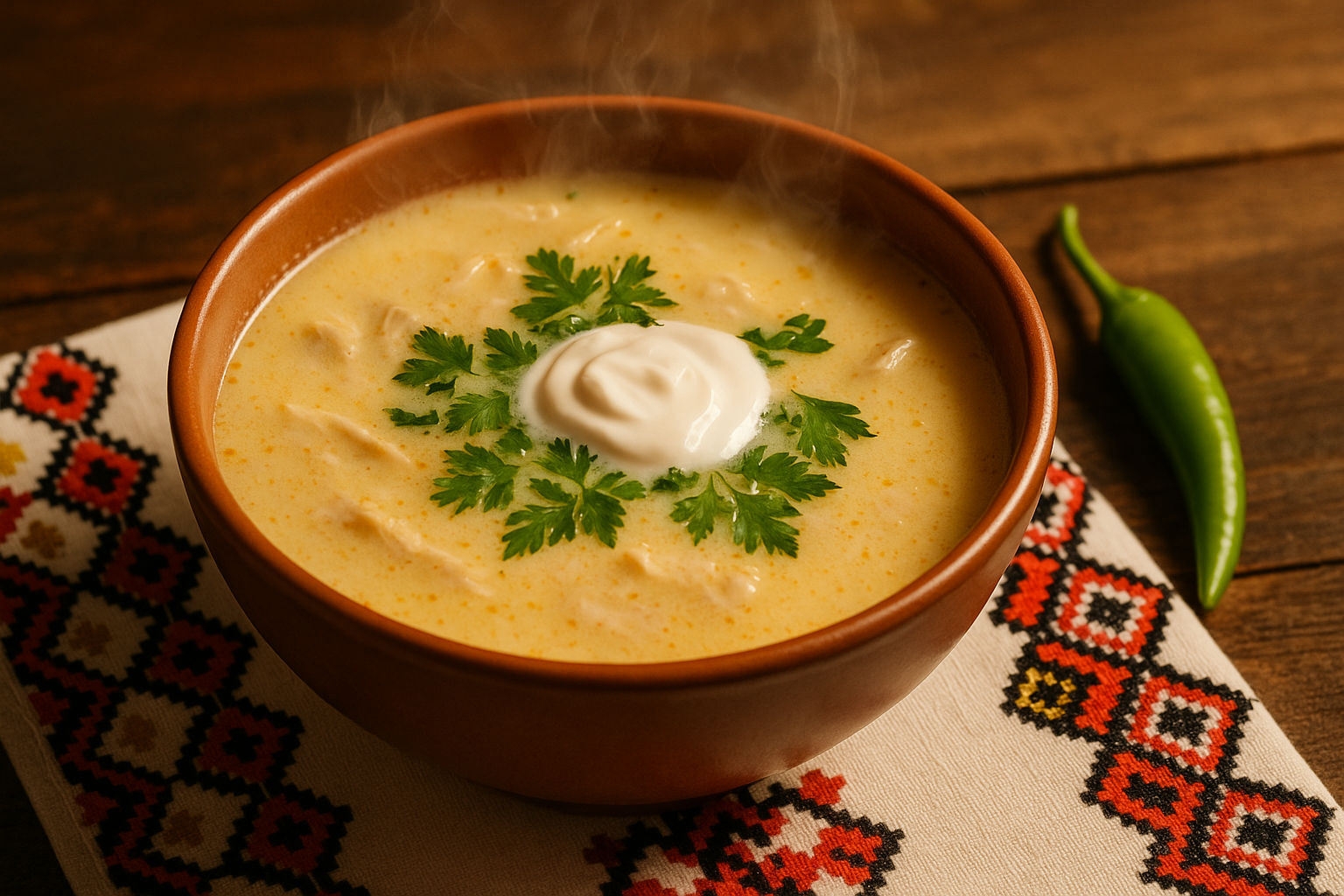 A photorealistic shot capturing a steaming bowl of ciorba radauteana garnished with fresh parsley, a dollop of sour cream, and a side of hot pepper, placed on a rustic wooden table with a traditional Romanian tablecloth. The lighting is warm and inviting, highlighting the creamy texture of the soup and the vibrant colors of the garnishes, creating an appetizing and authentic dining scene.