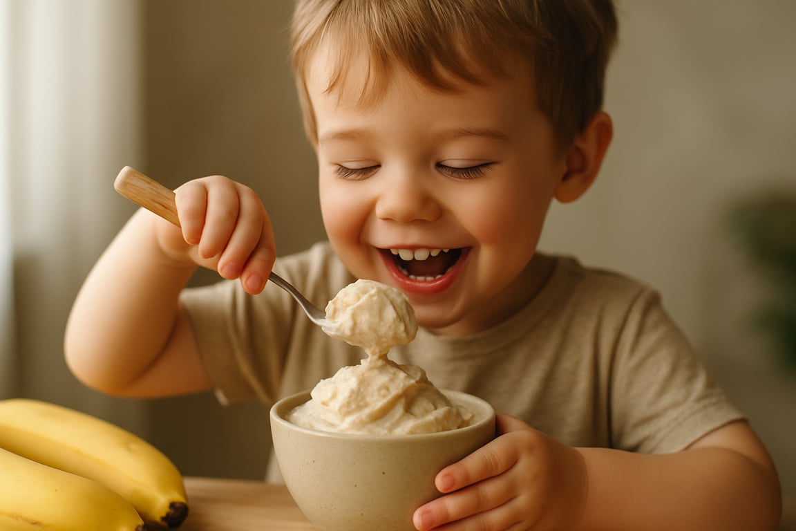 A photorealistic shot capturing a child happily eating homemade banana ice cream, showcasing the creamy texture and natural ingredients, soft natural lighting highlighting the joy and innocence of childhood, shallow depth of field emphasizing the child's expression and the deliciousness of the dessert, composition focusing on the healthy and delightful aspect of the treat.