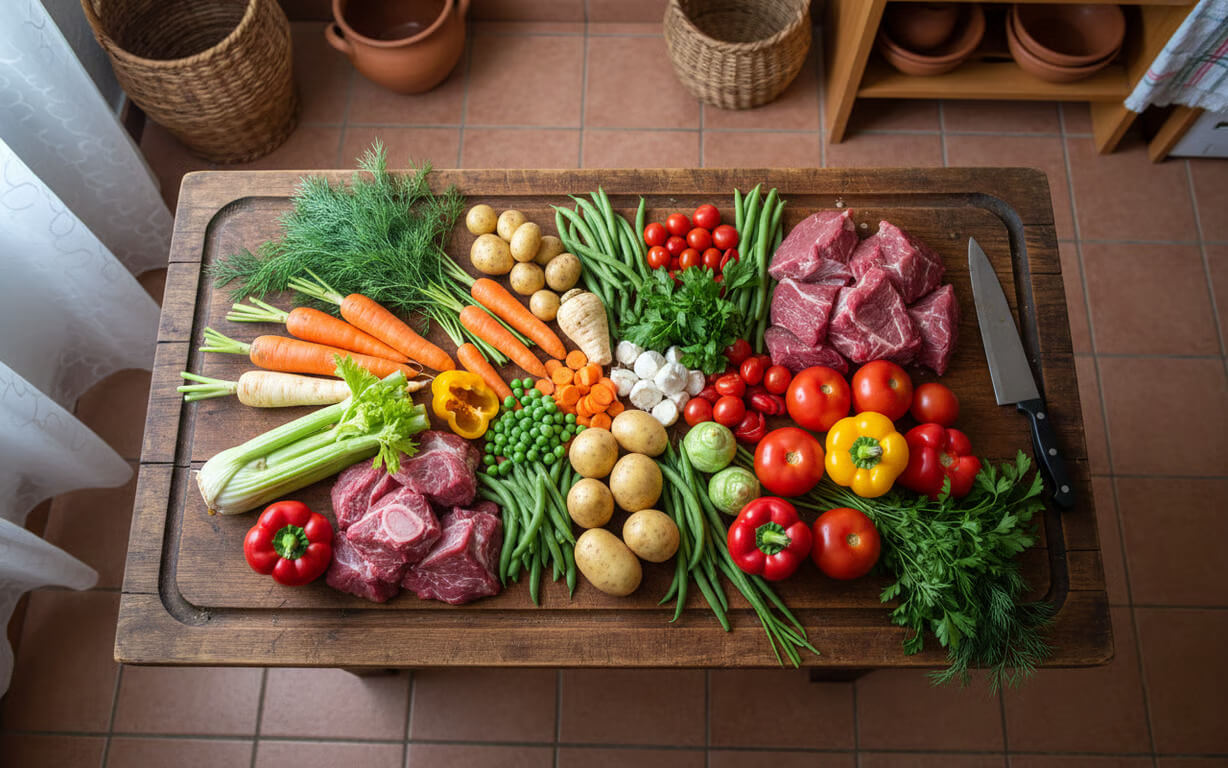 Ingrediente proaspete pentru ciorba de vacuta pe masa de bucatarie