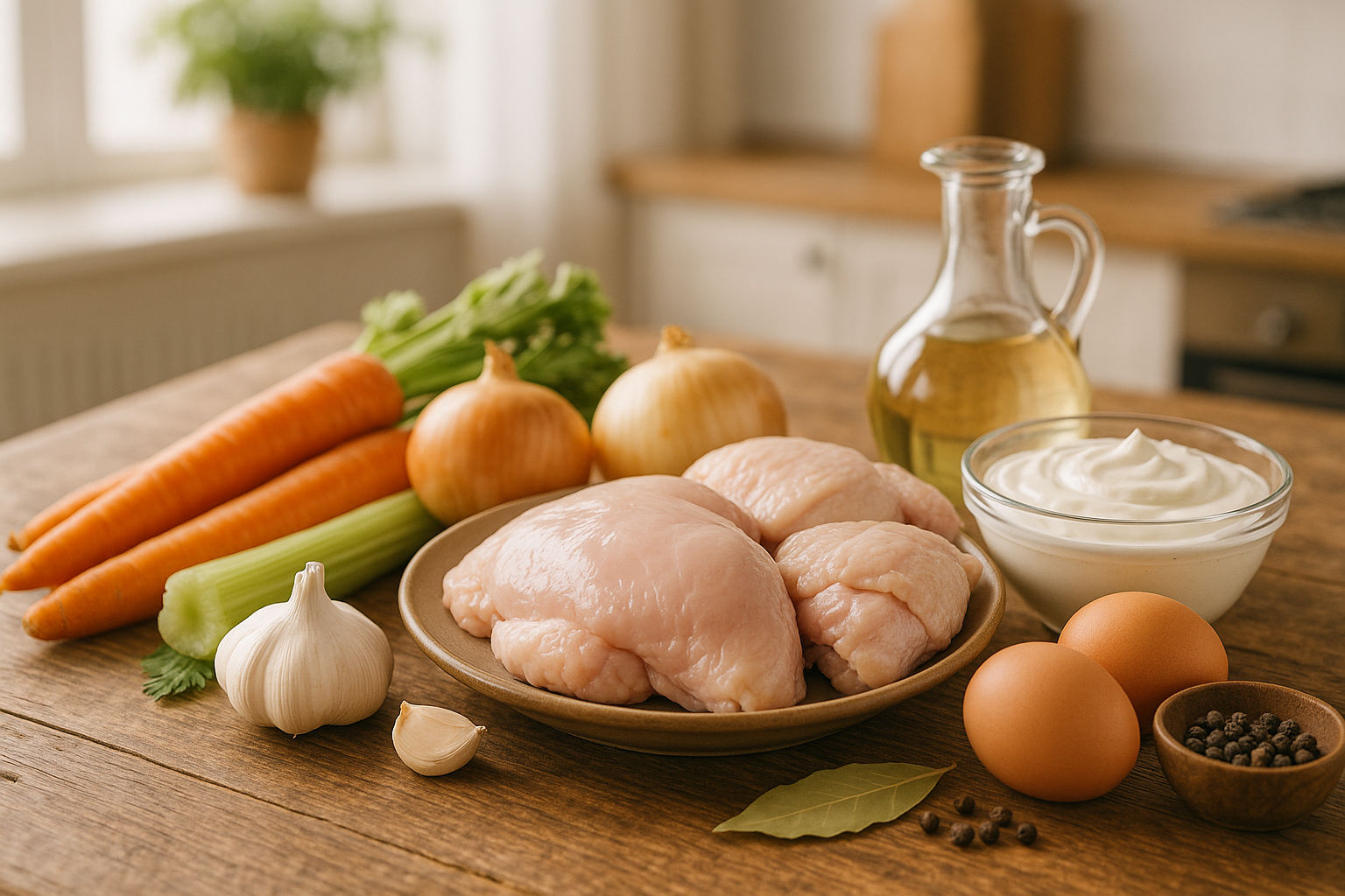 A photorealistic shot capturing a variety of fresh ingredients for ciorba radauteana, including chicken breast and thighs, carrots, celery, onions, garlic, sour cream, eggs, vinegar, bay leaves, and peppercorns, arranged on a rustic wooden table in a brightly lit kitchen setting. The composition emphasizes the freshness and quality of the ingredients, with focus on vibrant colors and textures, creating an inviting culinary scene.