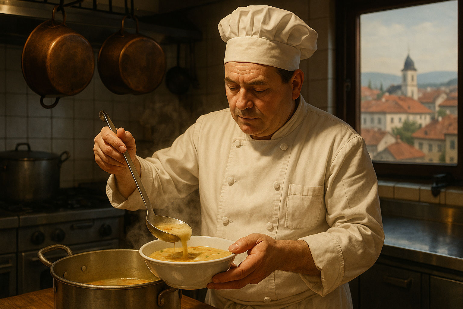 A photorealistic shot capturing a chef in a restaurant kitchen in 1980s Romania, wearing a white chef's coat and hat, carefully ladling ciorba radauteana into a bowl. The kitchen has stainless steel equipment, copper pots hanging overhead, and a window showing the city of Radauti. The lighting is warm and inviting, with steam rising from the ciorba, creating a sense of culinary history.