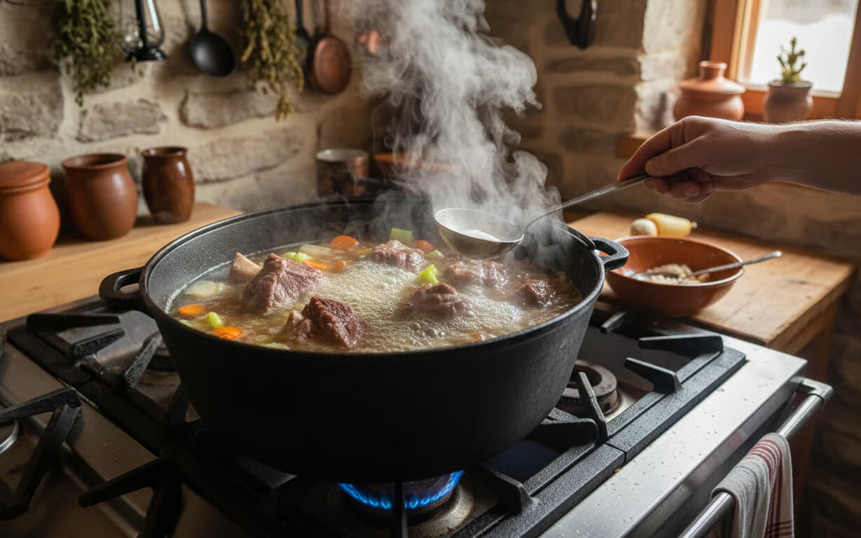 Carne de vita fierbind in oala mare pe aragaz traditional