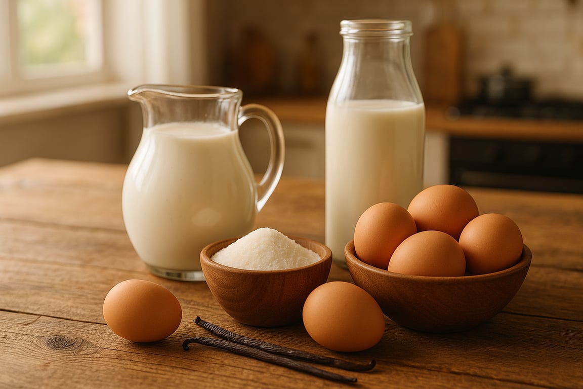 A photorealistic shot capturing the ingredients for homemade ice cream, including fresh cream, milk, eggs, sugar, and vanilla bean, arranged on a rustic wooden table in a well-lit kitchen, emphasizing the quality and freshness of the ingredients, soft natural light creating a warm and inviting atmosphere, composition focusing on the visual appeal and simplicity of the ingredients.