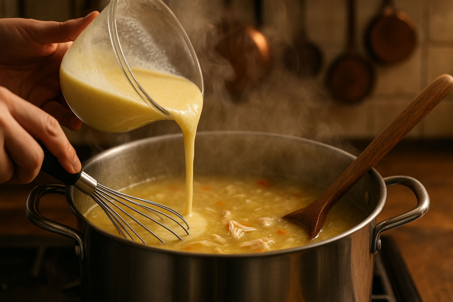 A photorealistic shot capturing the process of incorporating the tempered sour cream and egg yolk mixture into the simmering chicken soup for ciorba radauteana, using a whisk in a stainless steel pot, with visible steam rising and a wooden spoon resting on the side. The kitchen background is softly blurred, with copper pots and pans hanging overhead, creating a warm and inviting culinary atmosphere, emphasizing the careful and traditional cooking method.