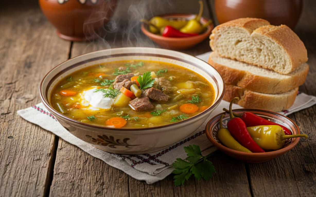 Ciorba de vacuta servita cu smantana si paine traditionala romaneasca