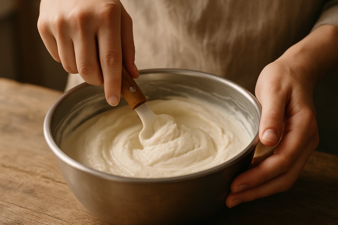 A photorealistic shot capturing a person's hands carefully stirring homemade ice cream in a metal bowl, showcasing the creamy texture and the process of preventing ice crystals, soft natural lighting highlighting the attention to detail and the love for homemade treats, shallow depth of field emphasizing the hands and the ice cream, composition focusing on the care and dedication involved in making perfect homemade ice cream.