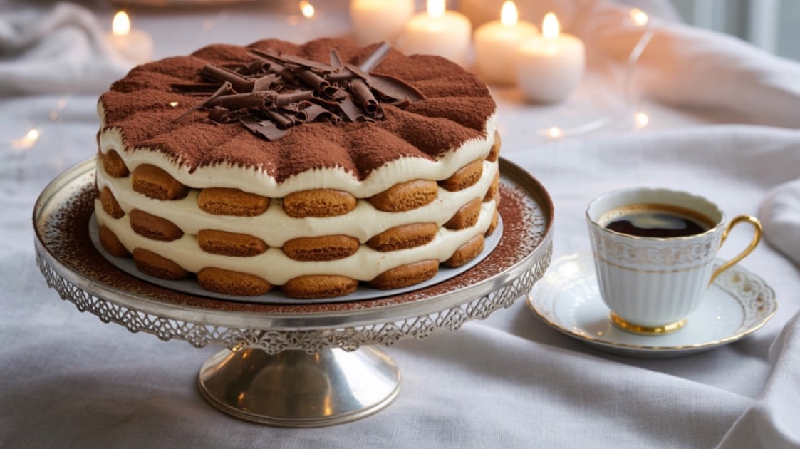 Tort tiramisu elegant cu piscoturi, mascarpone si decoratiuni de cacao