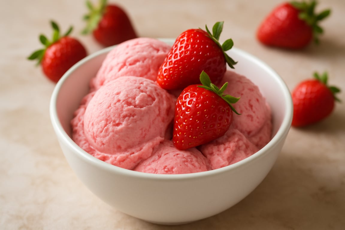A photorealistic shot capturing a bowl of homemade strawberry ice cream with fresh strawberries on top, showcasing its vibrant pink color and creamy texture, soft natural lighting highlighting the details, shallow depth of field emphasizing the freshness and visual appeal, composition focusing on the deliciousness and simplicity of the dessert.