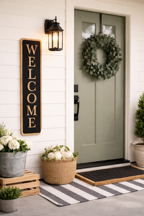 Decoratiune Perete MDF Wilfried H57 cm, Welcome, Culoare Negru cu Litere Natur, Stil Modern Rustic [2]