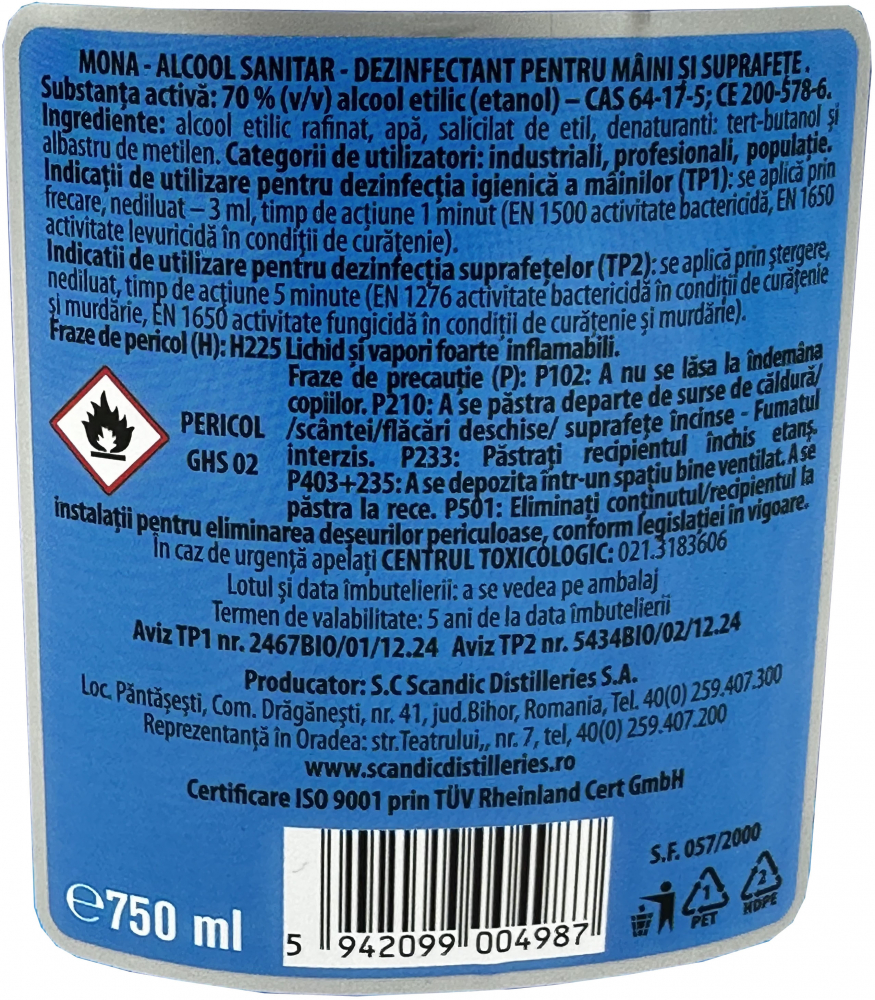 Alcool sanitar Mona , culoare albastru, 70% , 12 x 0.5 L [2]