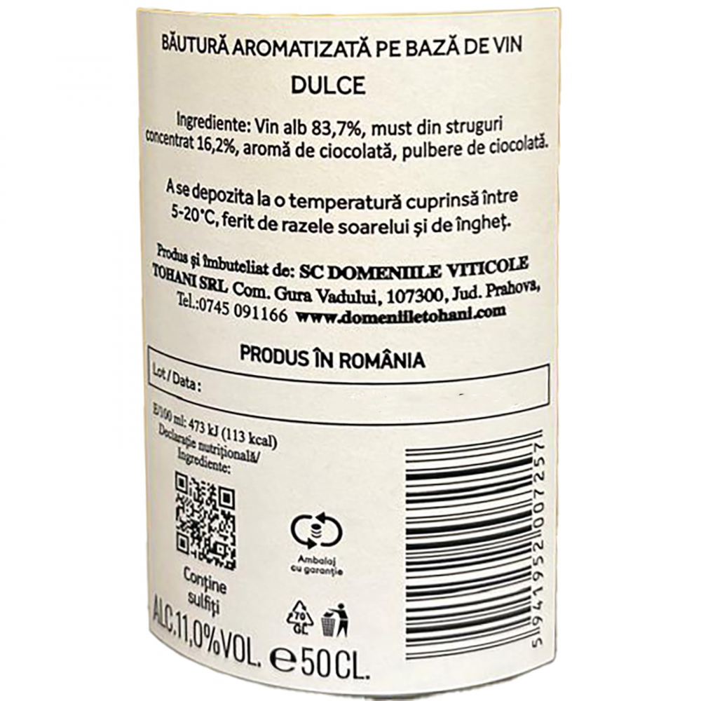 Bautura Aromatizata Pe Baza De Vin, Tohani Wine Chocolate Sweet Alb, 11%, 0.5 L-Vivomarket.ro [2]