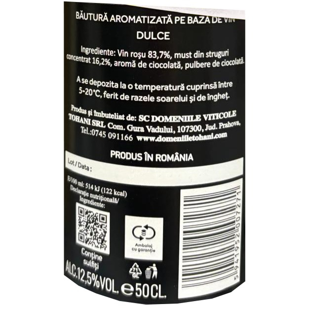 Bautura Aromatizata Pe Baza De Vin, Tohani Wine Chocolate Sweet Rosu, 12.5%, 0.5 L -Vivomarket.ro [2]