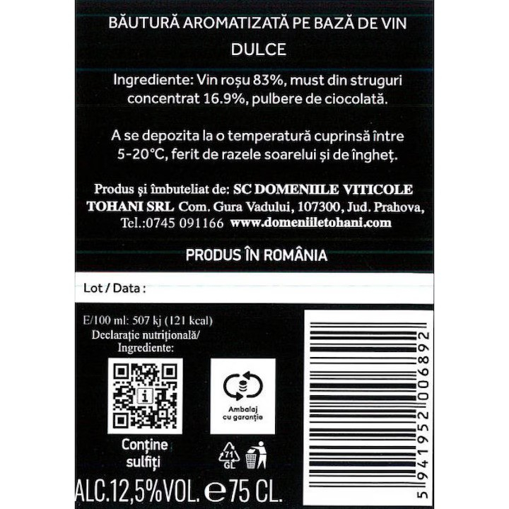 Bautura Aromatizata Pe Baza De Vin, Tohani Wine Chocolate Sweet Rosu, 12.5%, 0.75 L -Vivomarket.ro [2]