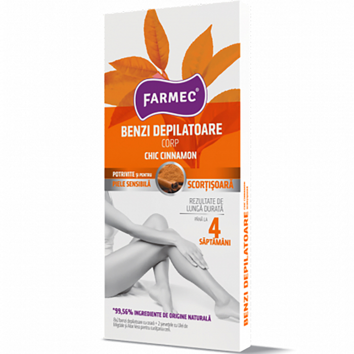 Benzi depilatoare pentru corp cu scortisoara,16 benzi + 2 servetele, Farmec [1]