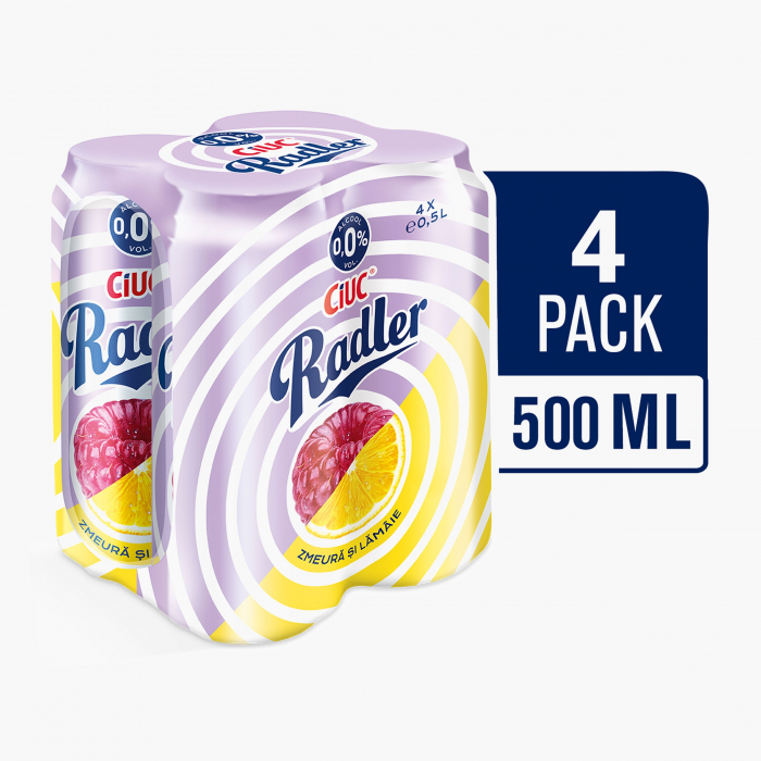 Bere Ciuc Radler cu arome de Lamaie si Zmeura, doza, 0% alcool, 4 x 0.5 l [2]