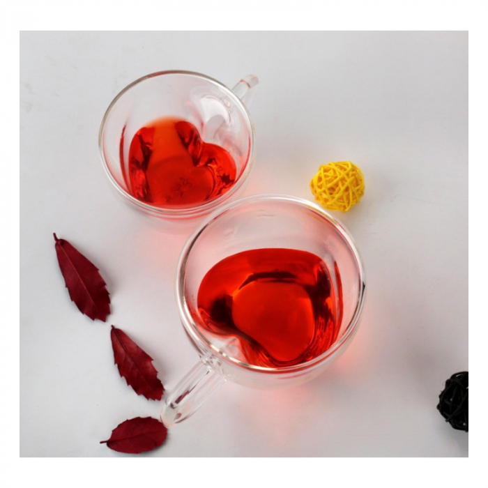 Set 2 cani, interior in forma de inima, din sticla cu pereti dubli, termorezistente, transparente, 240 ml, EC Design [3]