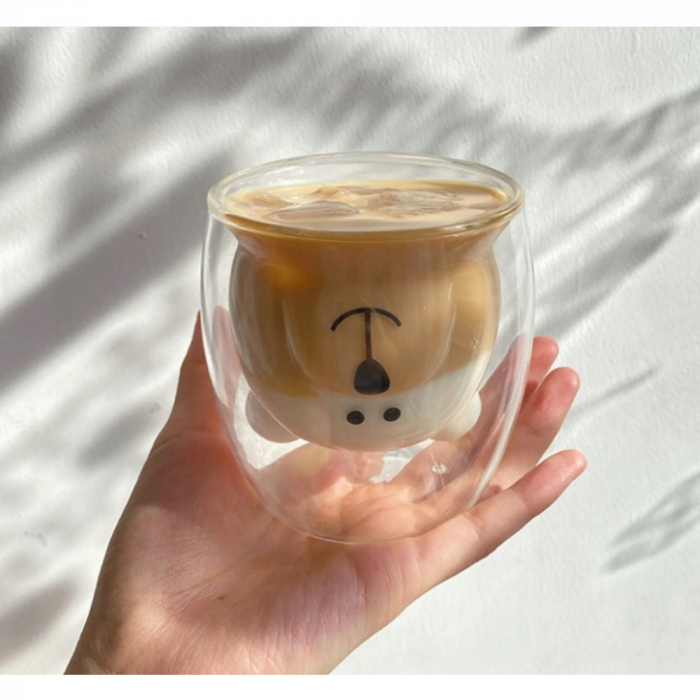 Set 2 cani, interior in forma de ursulet, din sticla cu pereti dubli, termorezistente, transparente, 200 ml, EC Design [3]