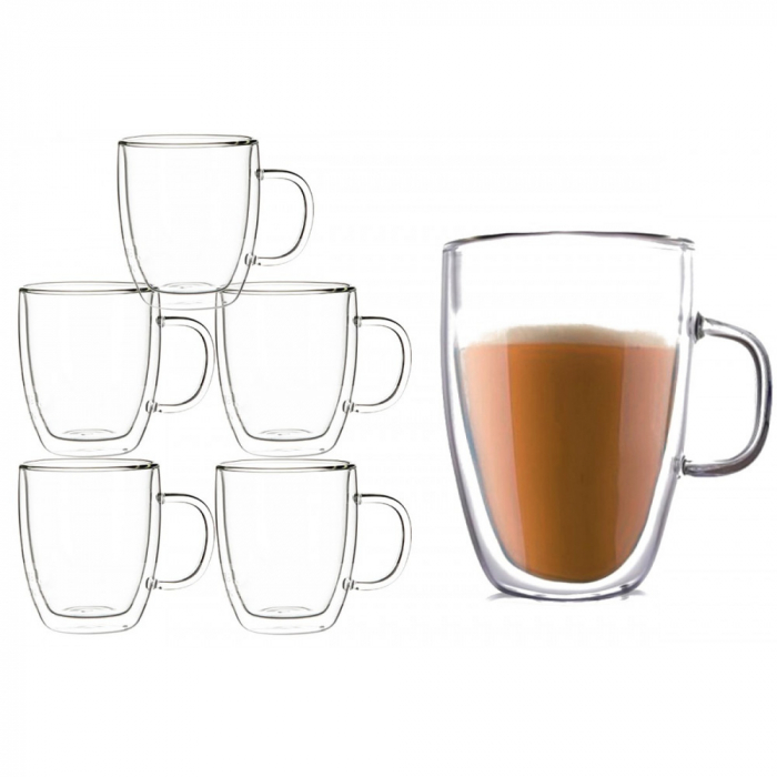 Set 6 cani din sticla borosilicata cu pereti dubli, termorezistente, 350 ml, transparente, EC Design [2]
