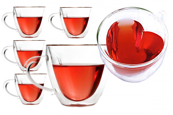 Set 6 cani, interior in forma de inima, din sticla cu pereti dubli, termorezistente, transparente, 240 ml, EC Design [1]
