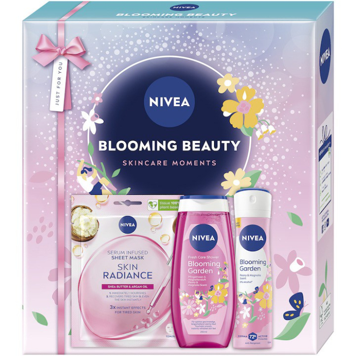Set: Gel de dus NIVEA Blooming Garden 250 ml + Deodorant spray NIVEA Blooming Garden 150 ml + Masca Servetel NIVEA Urban Radiance-Vivomarket.ro [1]