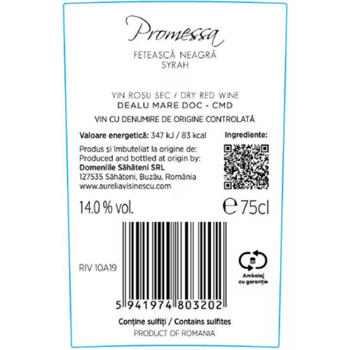 Vin Rosu Aurelia Visinescu Promessa, Feteasca Neagra, Syrah, Sec, Domeniile Sahateni, 0.75 l-Vivomarket.ro [2]
