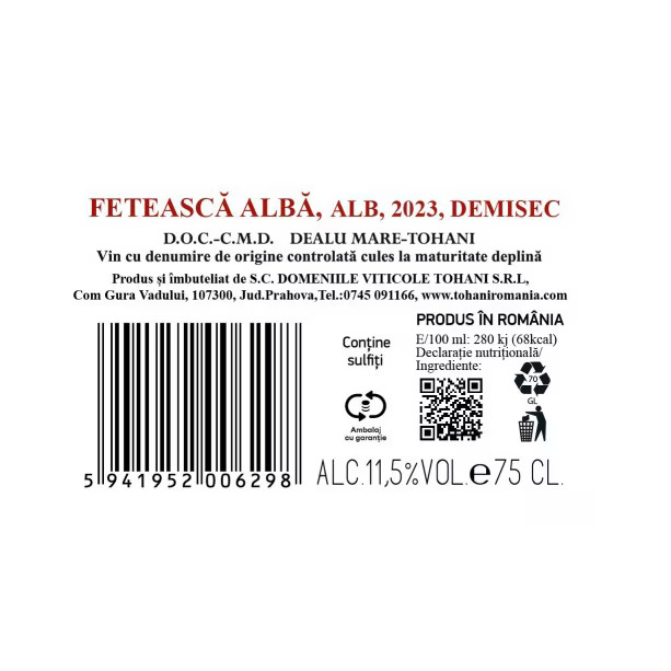 Vin Alb Demisec Feteasca Alba, Mosia de la Tohani, 0.75 l [2]