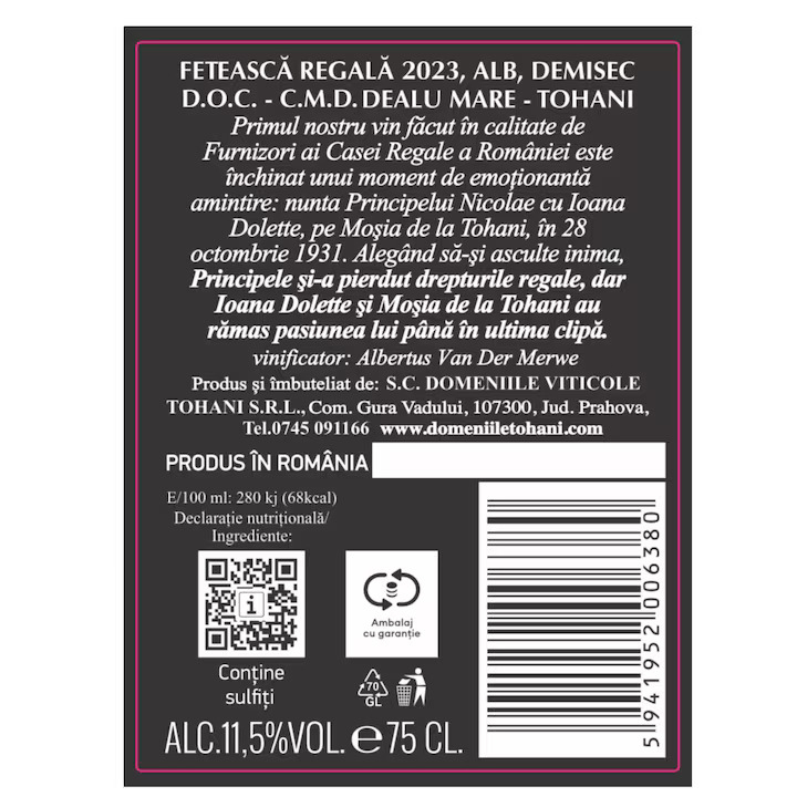 Vin Alb, Demisec, Mosia de la Tohani Special Reserve, Feteasca Regala, Domeniile Tohani-Vivomarket.ro [2]