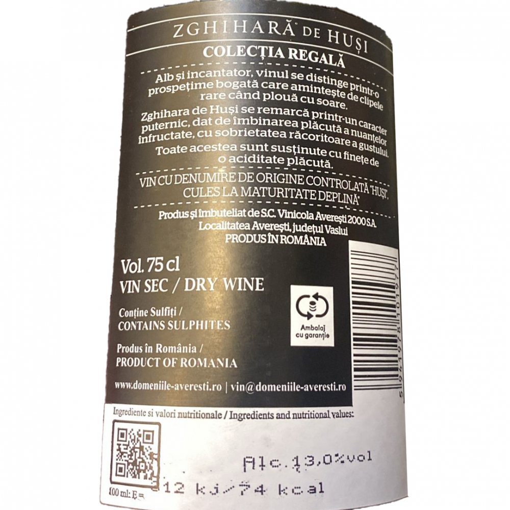 Vin Alb Domeniile Averesti, Colectia Regala, Zghiara de Husi, D.O.C., Sec, 0.75l [2]