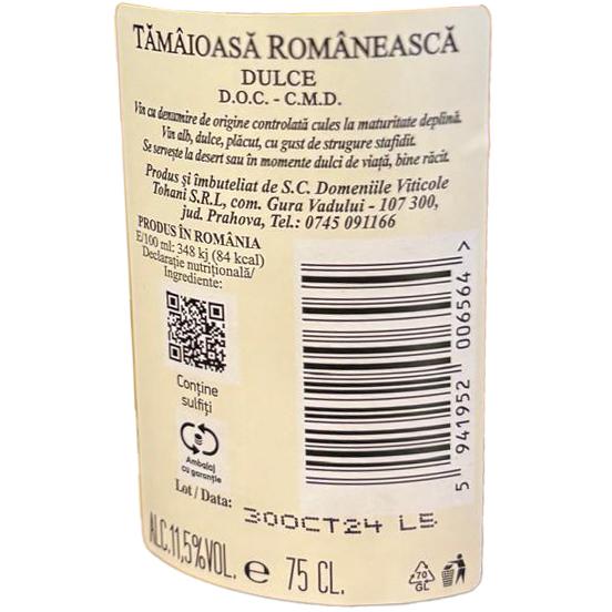 Vin Alb, Dulce, Tamaioasa Romaneasca, Domeniile Tohani, 0.75 L [2]