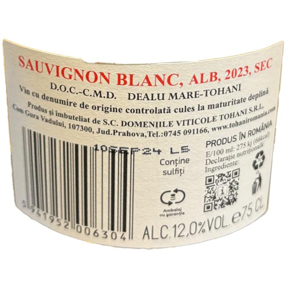 Vin Alb, Sec, Mosia de la Tohani, Sauvignon Blanc, Domeniile Tohani, 0.75 l-Vivomarket.ro [2]