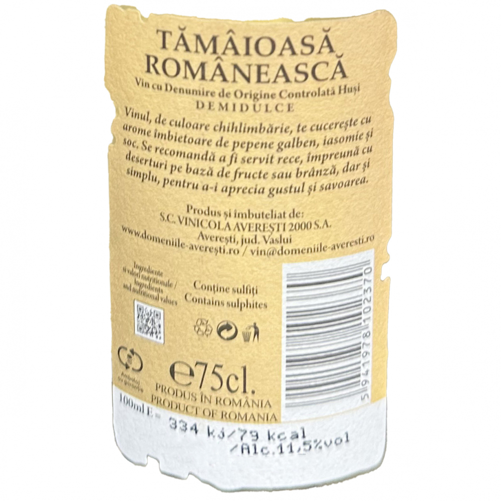 Vin Alb, Tamaioasa Romaneasca, D.O.C. Husi, Domeniile Averesti, Podgoria Husi, 0.75 l [2]