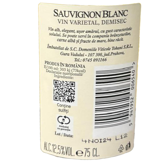 Vin Alb Varietal, Demisec, Sauvignon Blanc, Domeniile Tohani, 0.75 L [2]