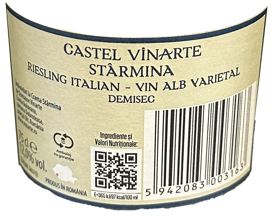 Vin Alb varietal Vinarte Castel Starmina, Riesling Italian, Demisec, 0.75 L [2]