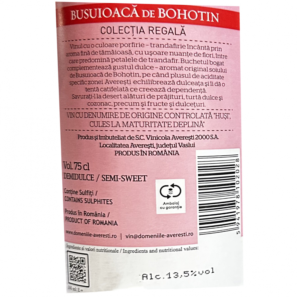 Vin Rose Domeniile Averesti, Colectia Regala, Busuioaca de Bohotin, D.O.C. Husi, Demidulce, 0.75l [2]