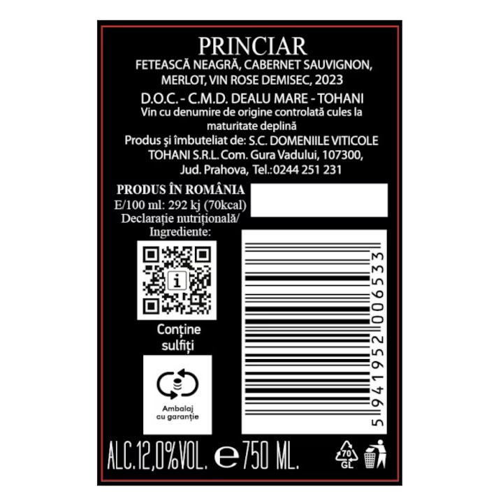 Vin Rose, Tohani Princiar, Demisec, 0.75 l-Vivomarket.ro [2]