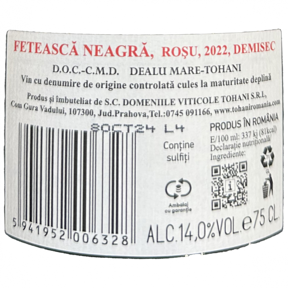 Vin Rosu, Demisec, Feteasca Neagra, Mosia Tohani, 0.75 l [2]